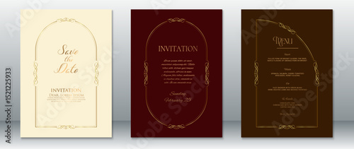 Elegant vintage wedding invitation set with golden ornamental frame. Includes Save the Date, menu, and formal invitation in cream, burgundy, and brown tones.