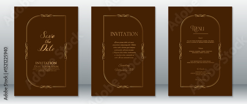 Elegant wedding invitation set in brown with gold ornamental frames. Includes Save the Date, formal invitation, and dinner menu cards. Perfect for classic, vintage, or luxury wedding themes.