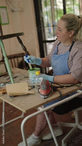 Woman restoring antique wooden chair in home workshop. Vertical