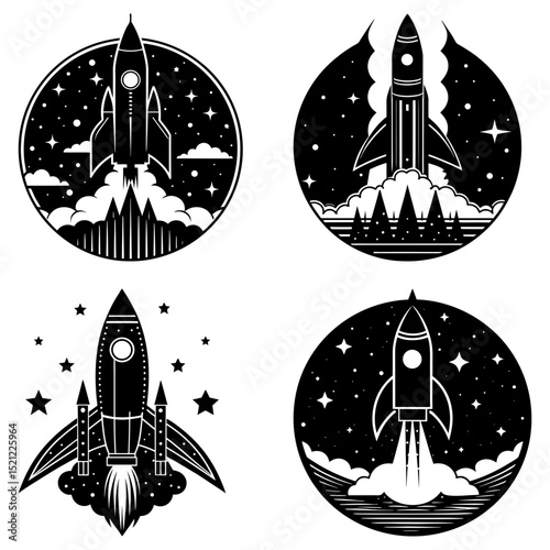 Four black and white rocket illustrations with stars and clouds in a circular background design