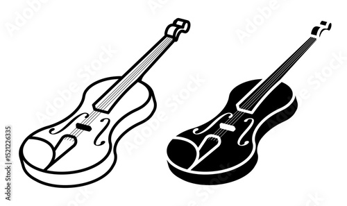 Linear icon, isometric violin and string bow musical instrument. Classical viola orchestra instrument. Simple black and white top view vector isolated on white background
