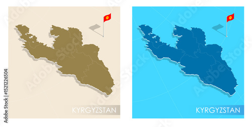 Kyrgyzstan country flag installed on geographic positioning map point of country territory. Kyrgyzstan commonwealth banner on land and sea. Festive patriotic HD format template for independence day