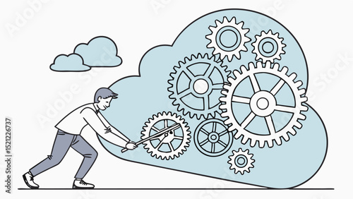 Man using stick to turn gears inside cloud with two clouds above on white background illustration