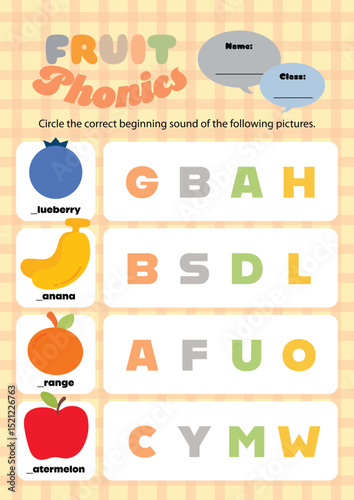Fun and colorful phonics worksheet for kids featuring cute fruit illustrations perfect for printable learning activities at home or in the classroom.