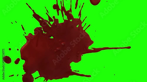 Blood Splatter on Green Screen, Blood burst on green screen, horror medical science Halloween anatomy surgery healthcare and spooky visual effects, splash of blood blood drops falling.	