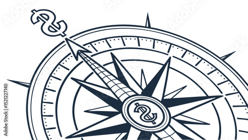Illustration of a compass with a dollar sign on top and in the center pointing towards wealth and success