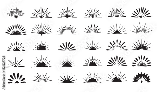 A collection of hand drawn burst elements in a sunburst silhouette design for decorative and vintage use