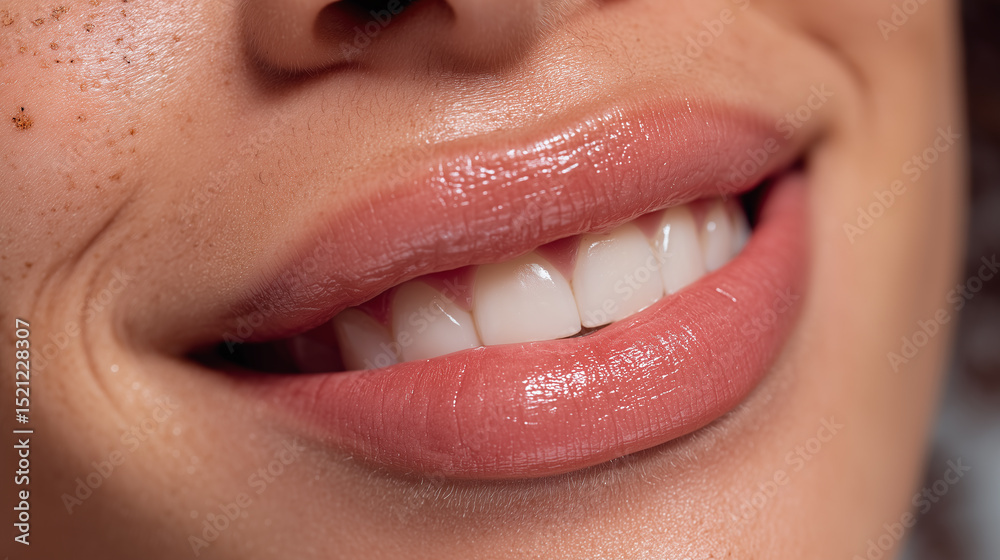 Obraz premium Closeup of smiling lips with smooth skin and natural freckles showing healthy teeth and hydrated lips in soft natural light
