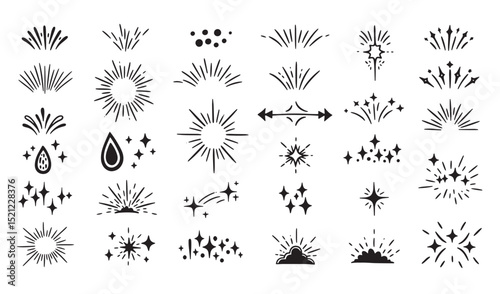 Collection of hand drawn celestial starbursts and sunbursts silhouette illustrations for design elements and decorations