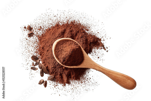 Wooden spoon filled with dark brown powder, surrounded by lighter colored granules and seeds, against a dark background