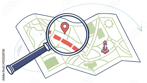 A map with a magnifying glass focusing on a location pin and a building on the map with dotted line path