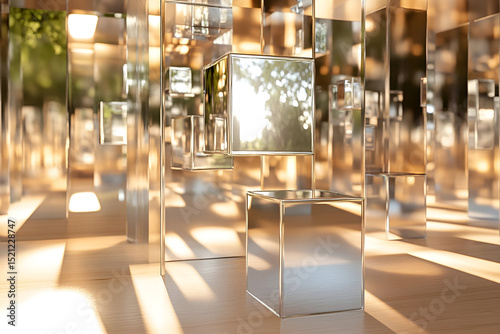 A set of mirrored cubes reflecting disjointed fragments of light, symbolizing the fragmented nature of truth and reality