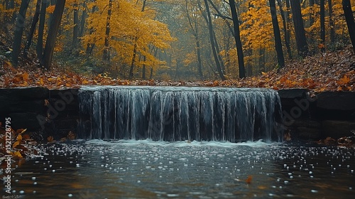 Serene Autumn Waterfall in a Golden Forest