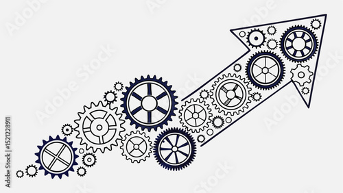 Arrow composed of interconnected gears and cogs pointing upwards representing progress and movement forward