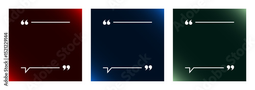Quote Frames Blank Template Set For Social Media Quotes or Testimonial Posts. Modern Empty Quote Template with Copy Space for Text. Quotation Mark Border Text Box on Abstract Gradient Backgrounds.