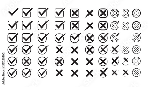 Collection of check marks and crosses icons in various styles silhouette
