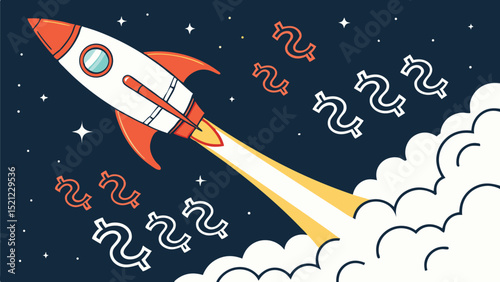 Rocket launching into space with dollar signs and clouds representing financial growth and success idea