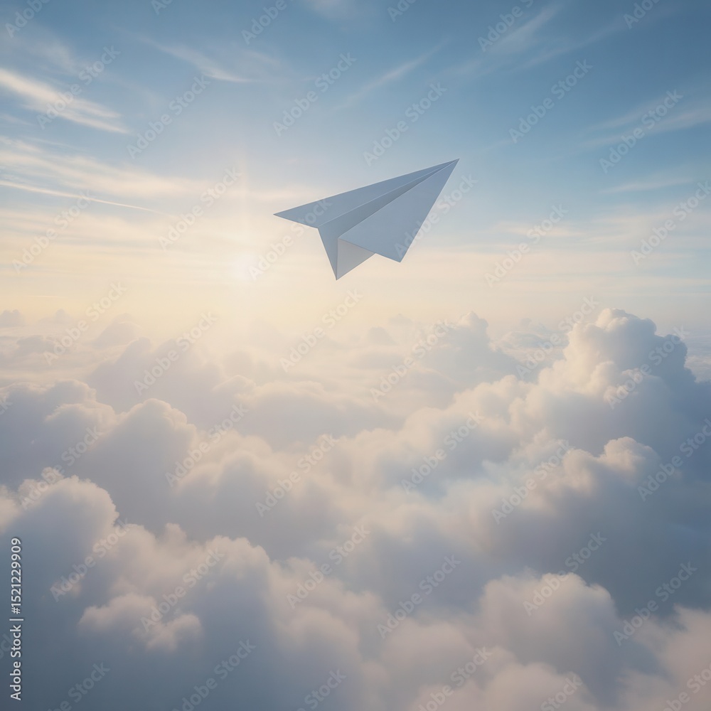 Fototapeta premium Paper airplane flying above fluffy clouds in a serene sky during sunrise, symbolizing freedom and creativity