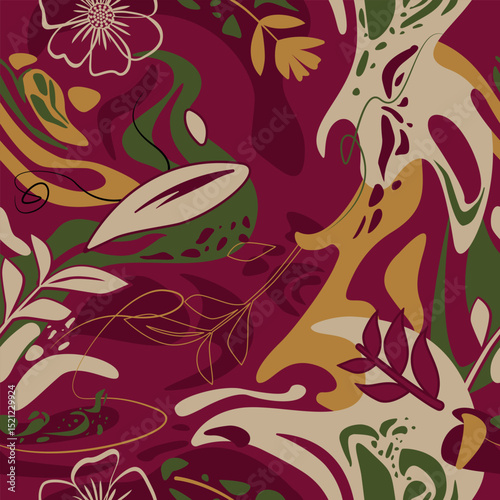 Abstract seamless vector pattern with fluid stains and stylized botanical motifs. Earthy color scheme of burgundy, mustard, green, and cream. Contemporary bohemian style for textiles, design projects.