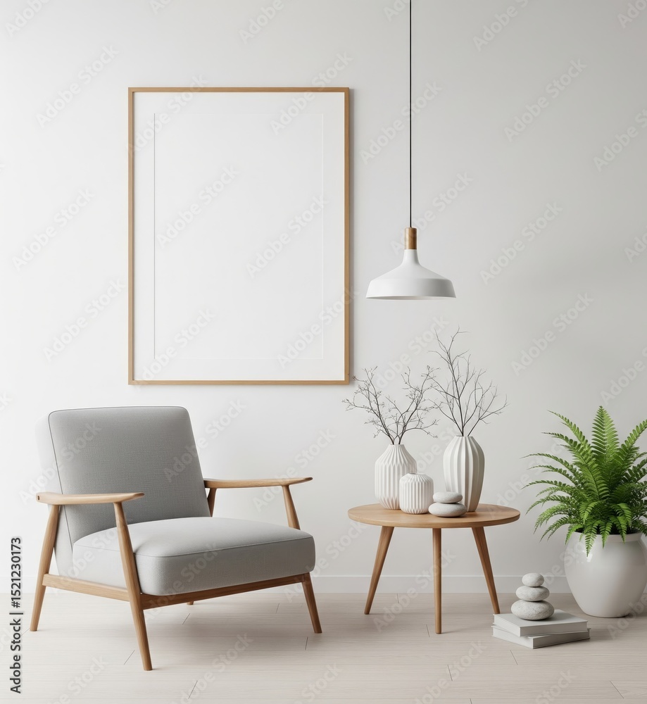 Fototapeta premium Minimalist Living Room Interior. Mockup Frame and Armchair.