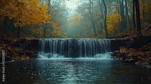 Serene Autumn Waterfall in a Golden Forest