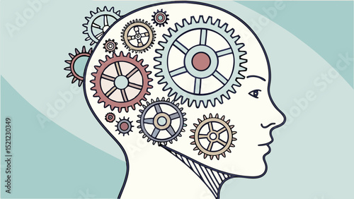Illustration of a head outline filled with gears representing thinking and mental processes concept