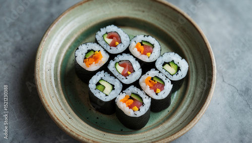 Assorted sushi rolls with fresh vegetables and fish served on a ceramic plate on a gray background