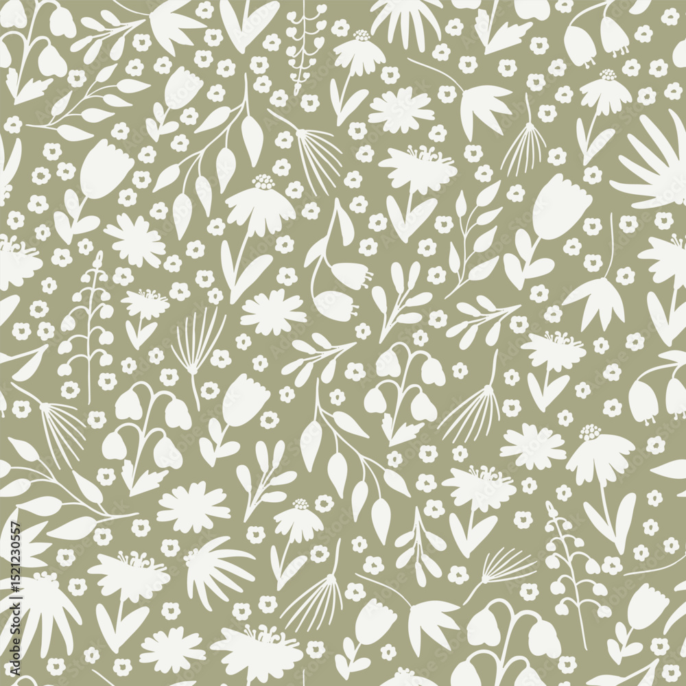 Seamless sage green botanical pattern with hand-drawn florals Vector repeat pattern Seamless sage green botanical pattern with hand-drawn florals Vector repeat pattern