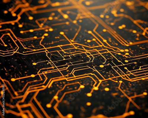Glowing orange circuit board with intricate and complex pathways rendered