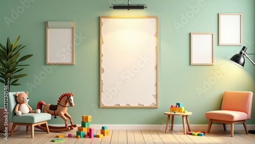 Una maqueta de póster limpia colgada en una pared verde pálido en una clínica pediátrica con juguetes coloridos e iluminación suave