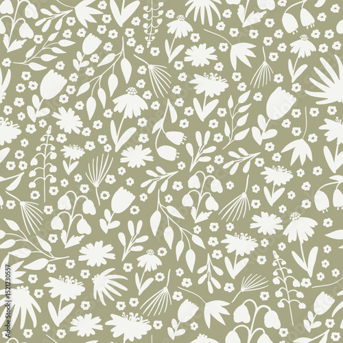 Seamless sage green botanical pattern with hand-drawn florals Vector repeat pattern