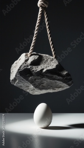 Suspended rock hanging by a rope above a white egg on a table in dramatic lighting