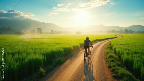 Vista aérea de un camino de tierra que serpentea a través de vibrantes campos de arroz verdes con un ciclista solitario pasando
