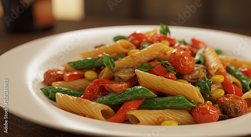 Close up of a plate of penne pasta with tomatoes and green beans on a white ceramic plate
