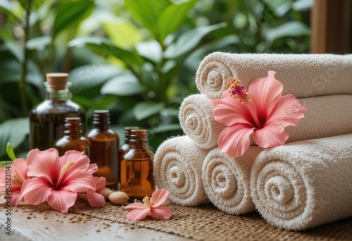 Spa relajante con toallas enrolladas, delicadas flores de hibisco y frascos de vidrio con aceites aromáticos
