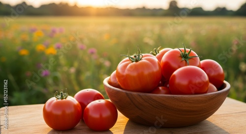 A wooden bowl filled with ripe red tomatoes sitting on a wooden surface in a field at sunset time