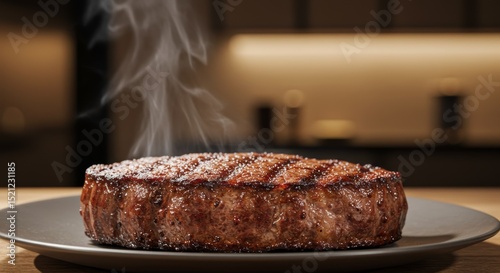 A close up of a perfectly cooked steak on a plate with visible steam rising from the meat surface