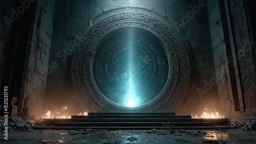 Ancient portal glowing in a mystical temple setting