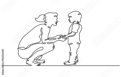 Mother with child. Teacher with a baby in kindergarten. Teacher with student in elementary school. One continuous line . Line art. Minimal single line .White background. One line drawing. See Less