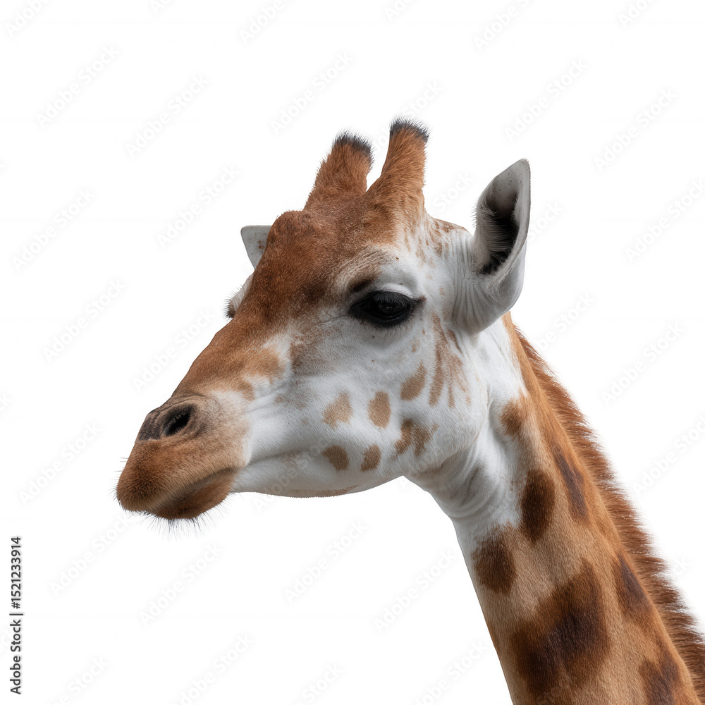 Fototapeta premium A close-up view of a giraffe's head showcasing its distinctive spots and long neck against a white isolated background.