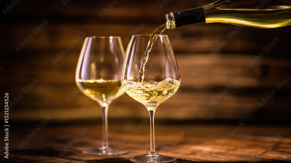 Fototapeta premium Two elegant wine glasses with white wine being poured; a moment of refined indulgence and timeless elegance.