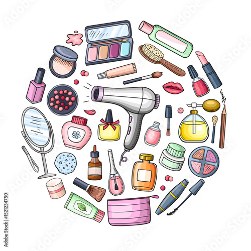 Hand drawn make up and cosmetics round banner.