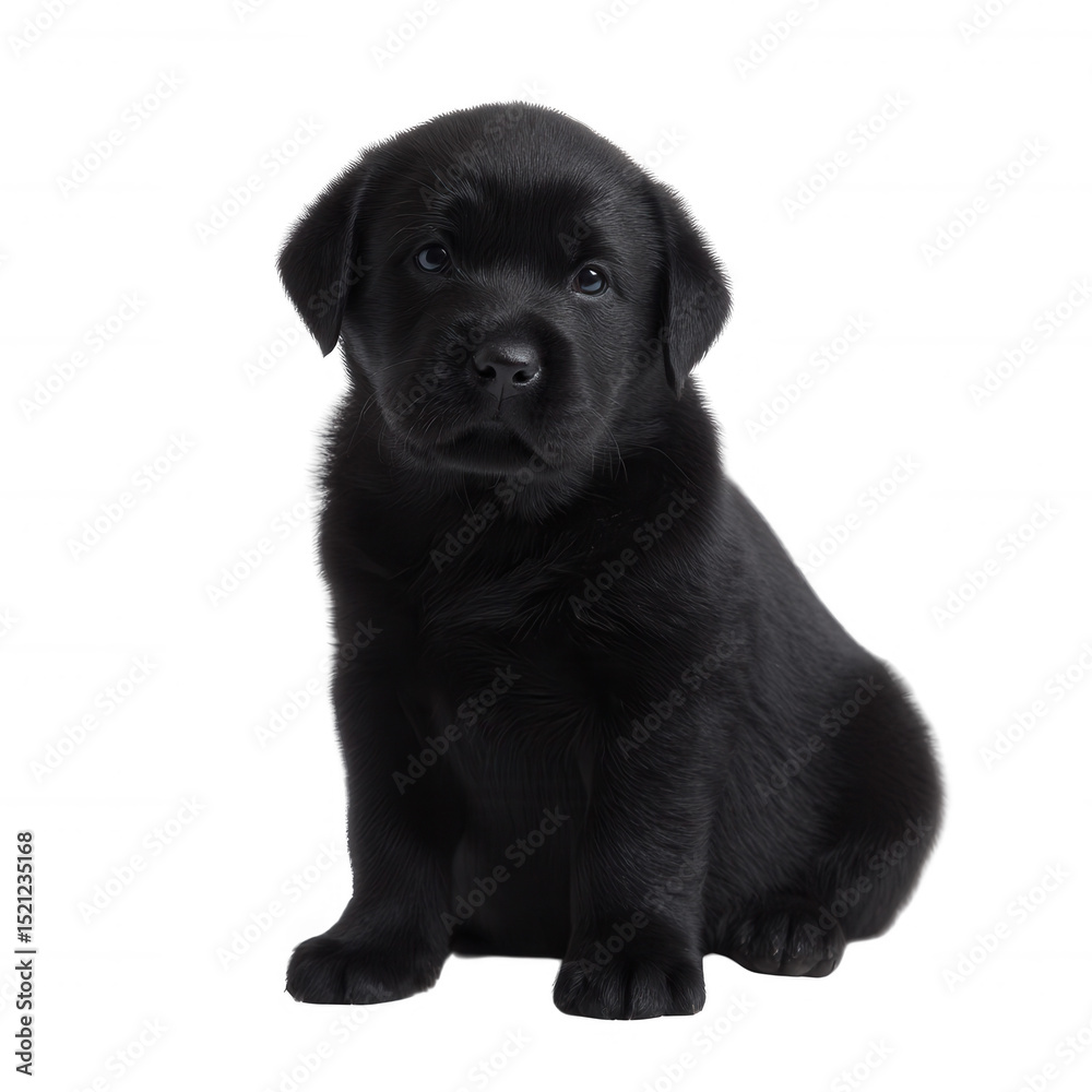 Obraz premium A cute black Labrador puppy sitting confidently, showcasing its expressive eyes and shiny fur. Perfect for pet lovers and animal-themed designs.
