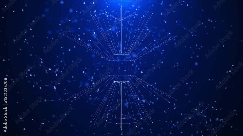 futuristic Global Network connected big data tunnel 3d Ai 4K Animation glowing nodes dots lines. Data flow Plexus science polygonal network technology business presentation artificial intelligence
