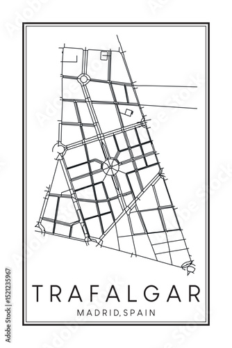 Hand drawn printable downtown road map poster of borough TRAFALGAR of the Spanish city of MADRID on solid white background with city name