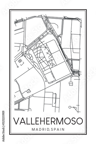 Hand drawn printable downtown road map poster of borough VALLEHERMOSO of the Spanish city of MADRID on solid white background with city name