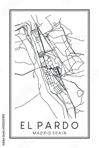 Hand drawn printable downtown road map poster of borough EL PARDO of the Spanish city of MADRID on solid white background with city name