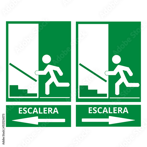 Green directional escalera signs on a white background (trad. stairway)