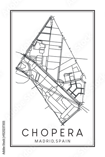 Hand drawn printable downtown road map poster of borough CHOPERA of the Spanish city of MADRID on solid white background with city name