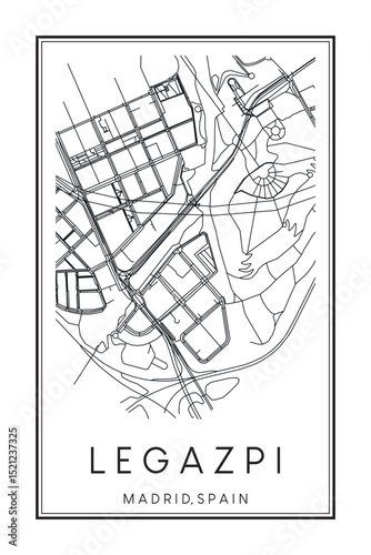 Hand drawn printable downtown road map poster of borough LEGAZPI of the Spanish city of MADRID on solid white background with city name